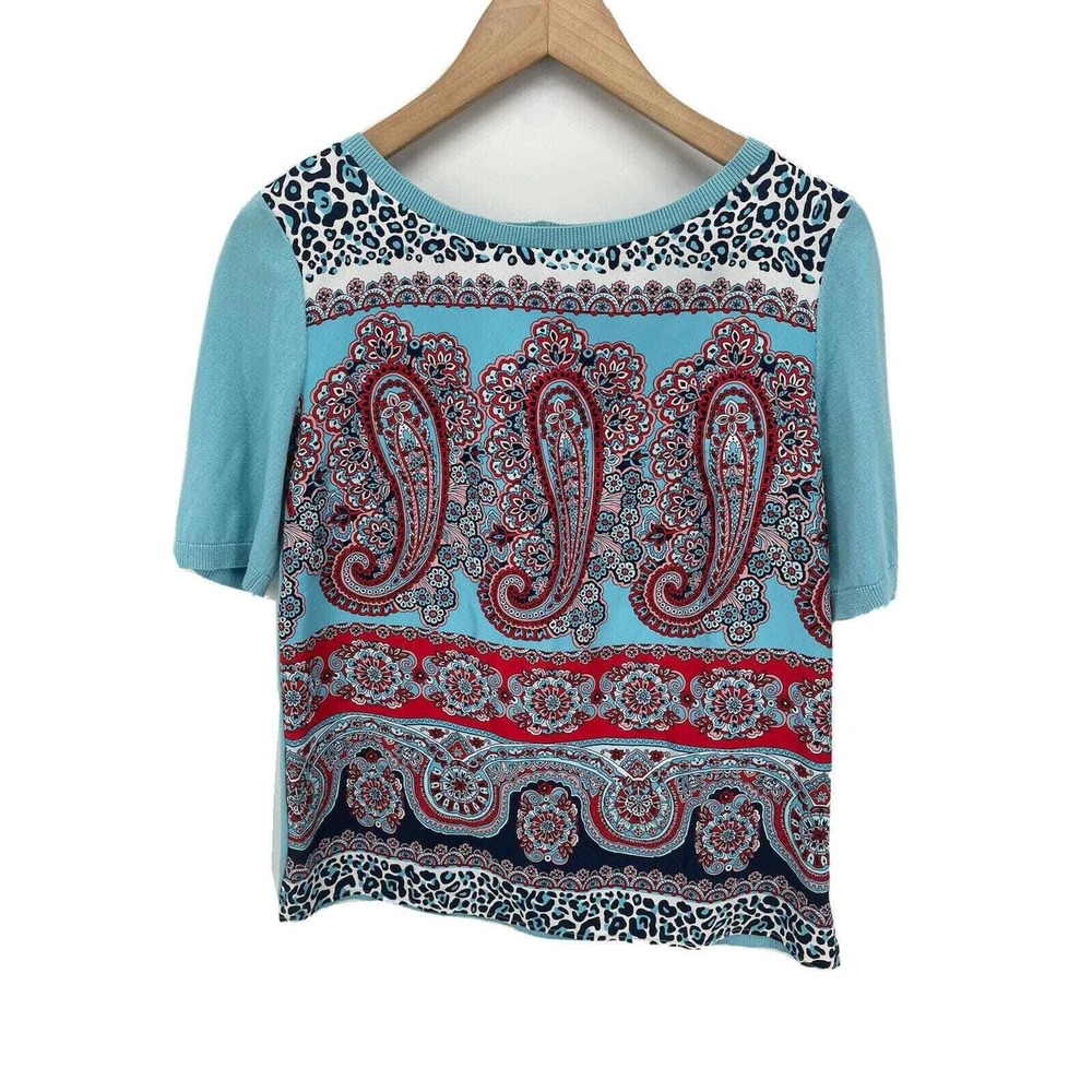 Talbots Sweater Women's Small Petite Blue Paisley Short Sleeve Handkerchief